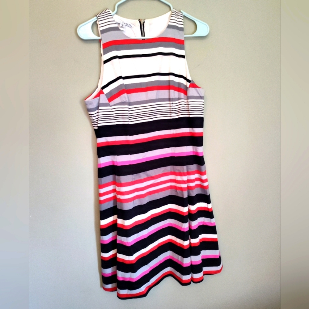 Maggie London Striped A Line Dress Women's Size 12 White Black Pink Red